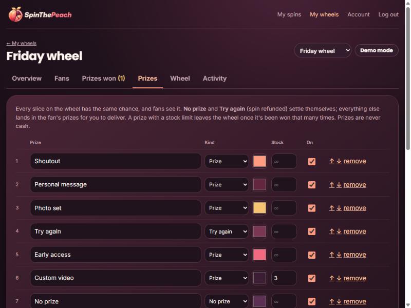 The prize editor: a list of prizes with kind, colour and limits, and the wheel preview