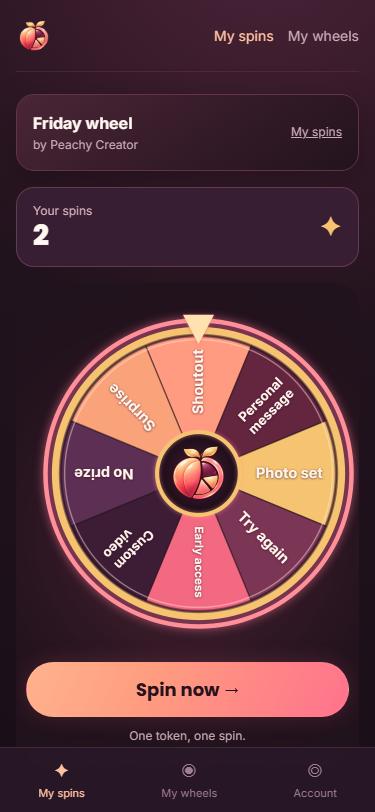 A fan's wheel on a phone: spins left, the wheel, and the Spin now button